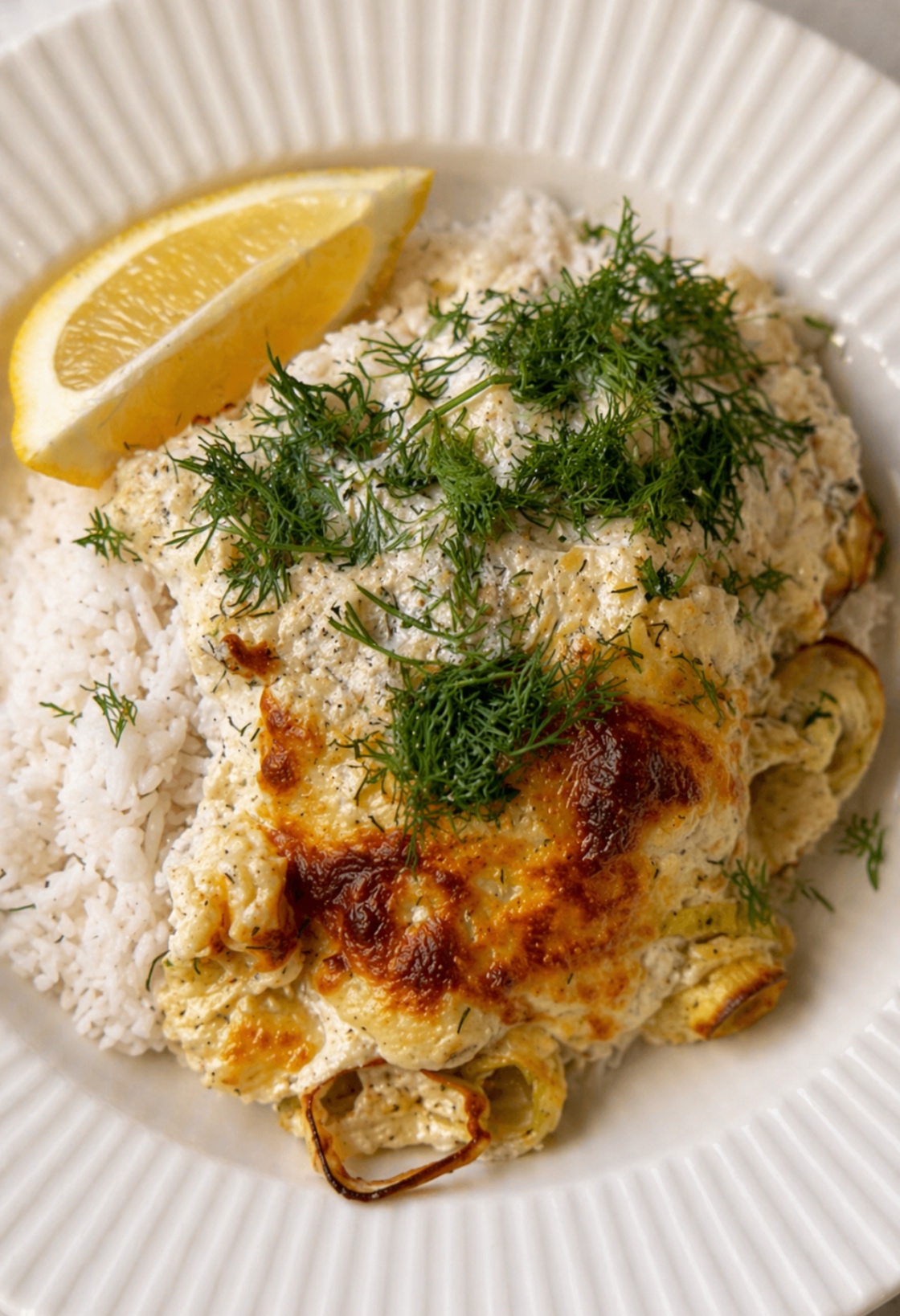 Cremet fiskeret med ris og dild